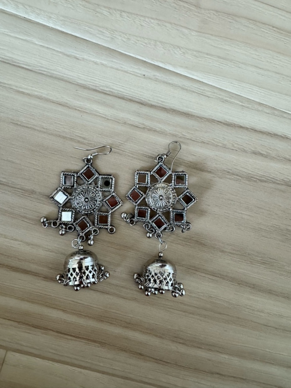 Silver-Tone Ethnic Mirror Jhumka Earrings with Red & White Accents